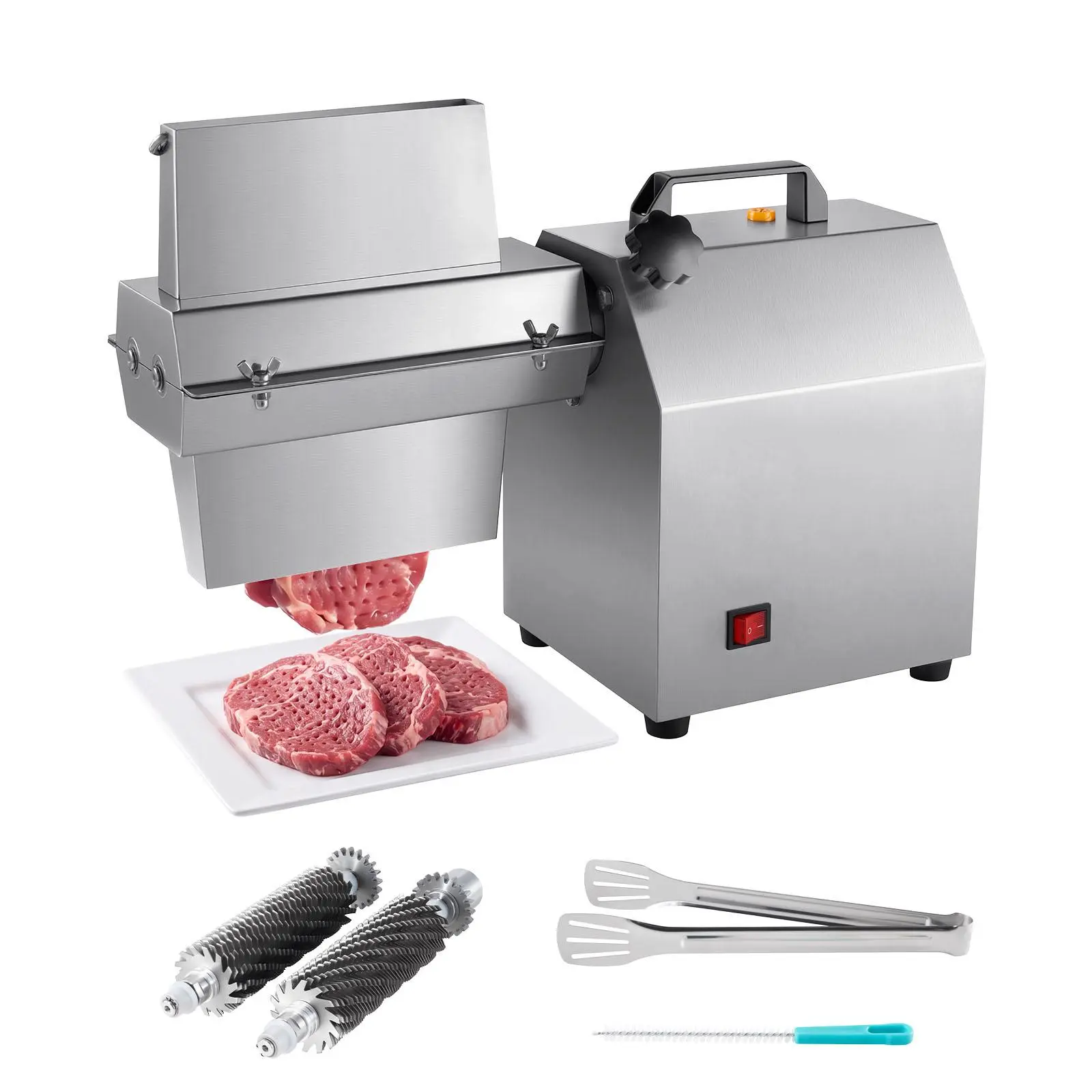 VEVOR Commercial Electric Meat Tenderizer with 750W Power, 265 Lbs/H Heavy-Duty Stainless Steel Tool, 67 Blades, Food Tong, Cleaning Brush, Wide Feed Chute for Beef, Chicken