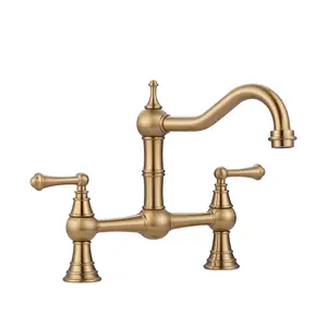 WOWOW Gold Bridge Kitchen Faucet, 2-Hole Antique Brass 8-Inch Centerset Double Handle Farmhouse Sink Faucet, 360° Swivel Vintage Tap, Double Handle Faucet