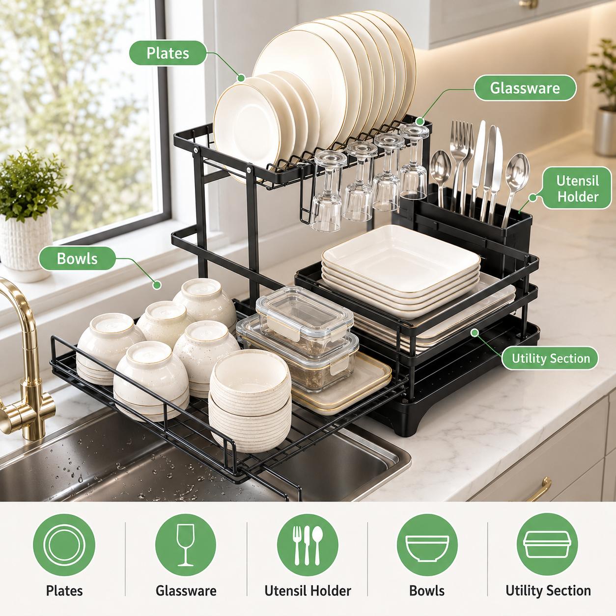 Snofrid Foldable Over Sink Dish Drying Rack|Pull-Out 2-Tier Dish Drainer with Utensil Holder|Space Saving Kitchen Snofrid Foldable Over Sink Dish Drying Rack|Pull-Out 2-Tier Dish Drainer with Utensil Holder|Space Saving Kitchen