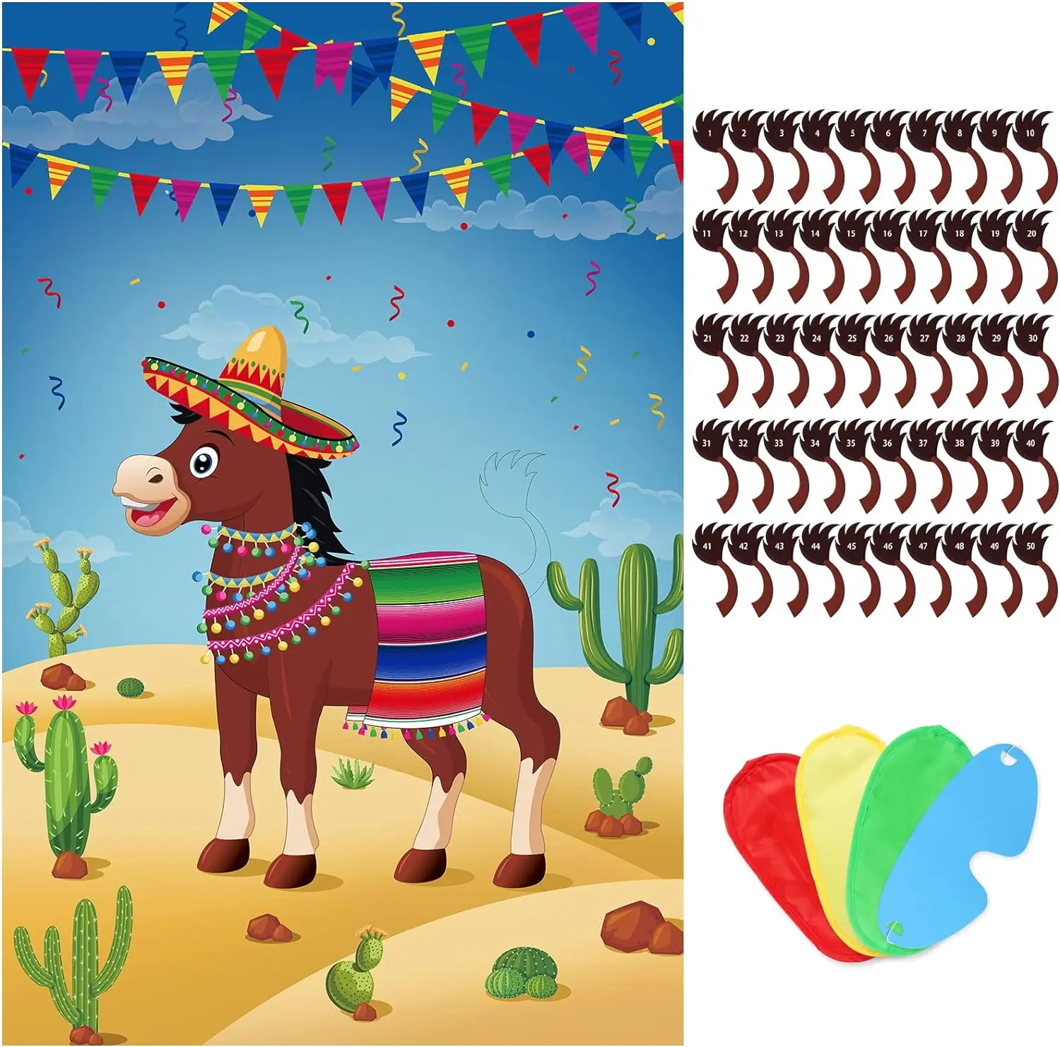 Hxezoc Pin The Tail On The Donkey Party Game With 50 Pcs Tails Large Mexican Donkey Games Poster for Kids Birthday Party Carnival Fiesta Party Supplies Decoration Set Wall