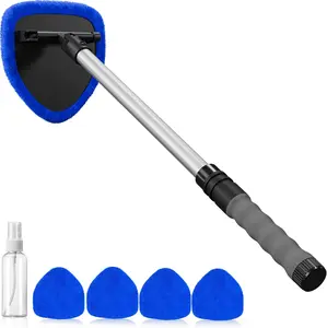 Windshield Cleaning Tool, Car Window Cleaner Windshield Cleaner with 4 Reusable and Washable Microfiber Pads and Extendable Handle Auto Inside Glass Wiper Kit