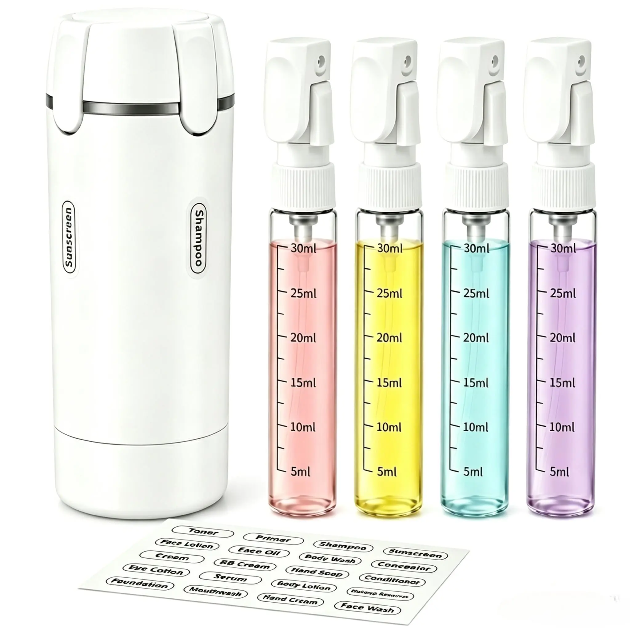 4-in-1 Travel Dispenser Bottle, Refillable Containers with Clear Scale and Waterproof Labels, Leak Resistant Travel Toiletry Bottles for Cosmetics, Shampoo, Lotion, White