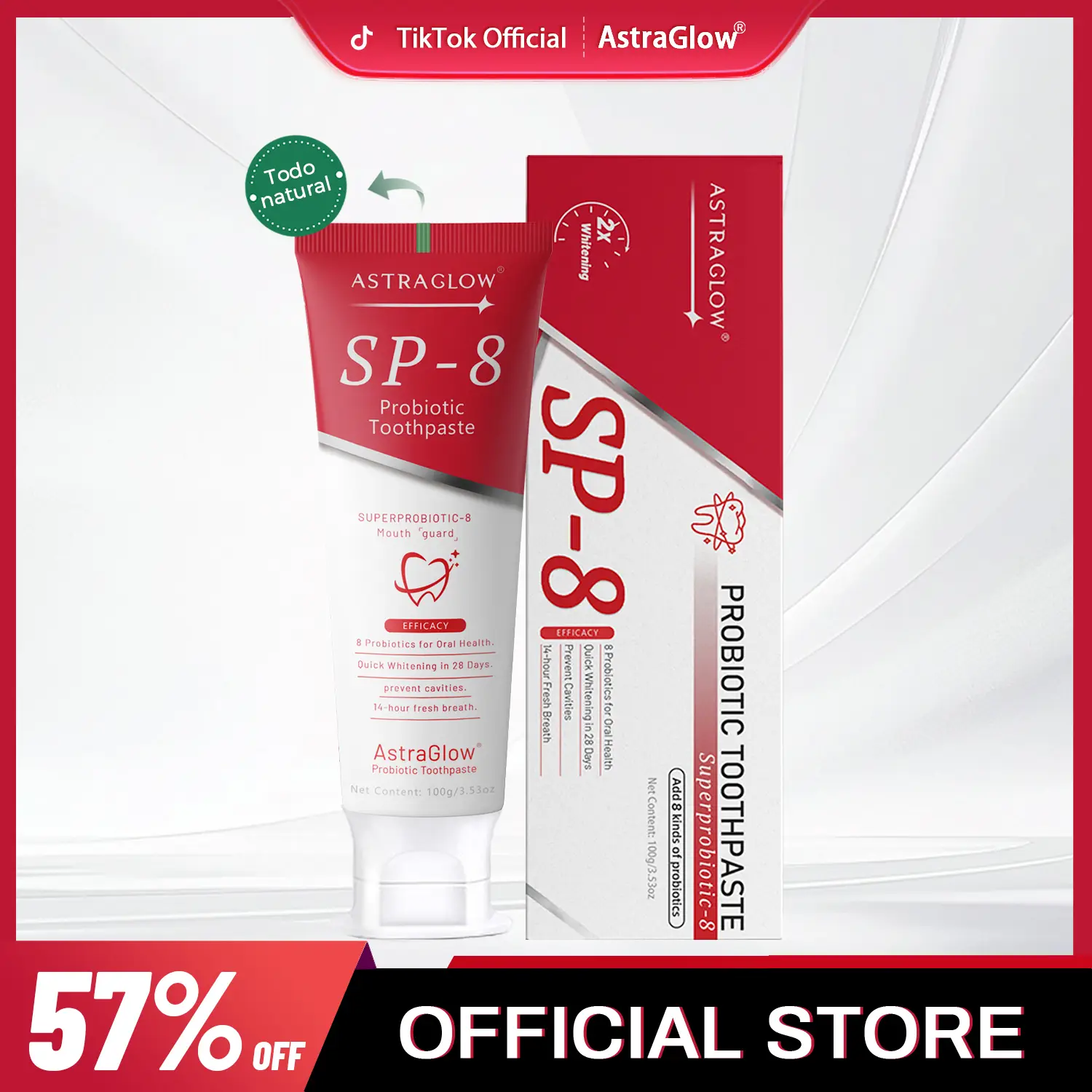 AstraGlow SP-8 toothpaste with 8 Super Probiotics Fluoride-Free Long Time Fresh Breath Oral Care Mint 3.53 oz