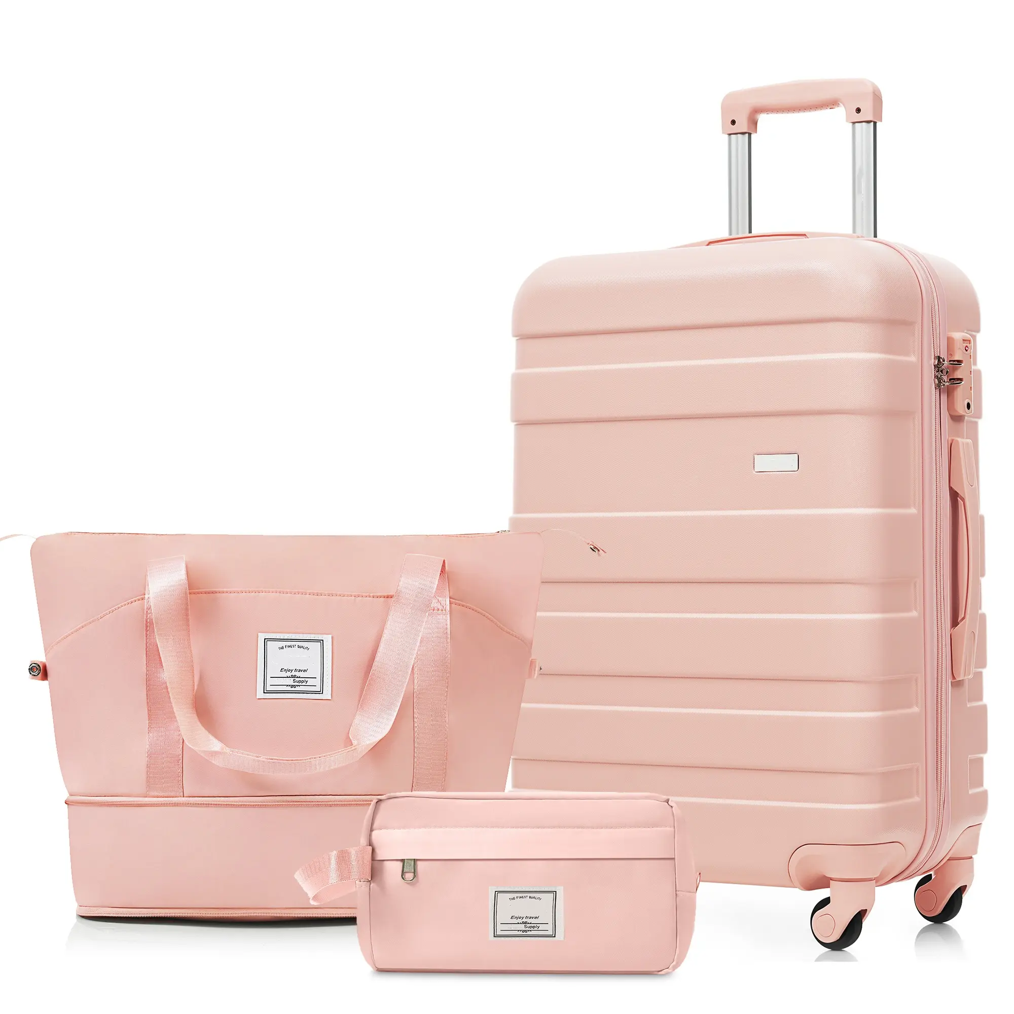 3-Piece Luggage Set - 24in Checked Suitcase with TSA Lock Travel Duffel Bag Wet-Dry Toiletry Bag,pink