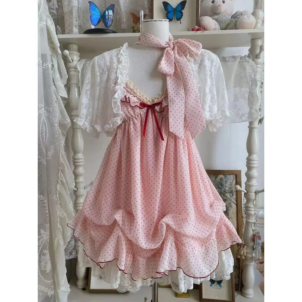Women's Japanese Fashion 2-Piece Cutecore Clothes Set - Lace Top + Polka Dot Dress, Fluffy Retro Chic Kawaii Outfits, 2025 Summer DIY Specialty Supplies