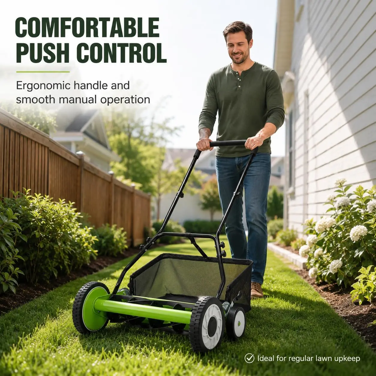 Garvee Push Reel Mower, 4-Wheel Manual Lawn Cutter, Carbon Steel & ABS
