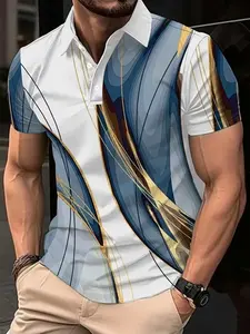 Men's Vintage Classic Style Polo Shirt, Lightweight Button Front Casual Comfy Collared Formal Shirt, Short Sleeve Fitted Geometric Design, All Seasons Wear