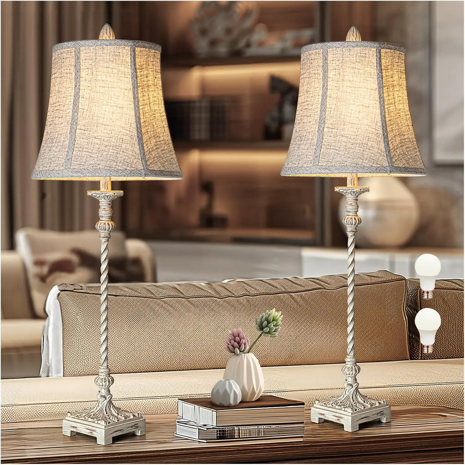 European Country Style 2-Piece Buffet Table Candlestick Lamps, 33in Tall White Linen Soft Bell Shade, 6W Stepless Dimmable Synthetic Lamps for Bedroom Office Living Room