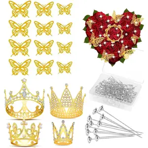 Flower Bouquet Accessories Including 4Pcs Crown Cake Topper Mini Tiara,12 Butterfly Decorations and 50Pcs Bouquet Pins for Birthday Wedding