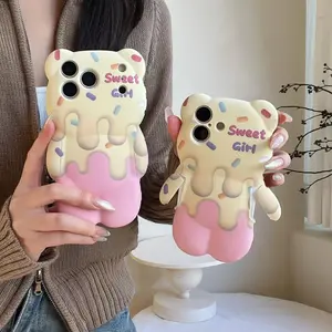 Cute 3D Little Bear Melting Cream Cake Phone Case For iPhone 17 16 15 14 13 12 Pro Max Plus High-Value Protective Case