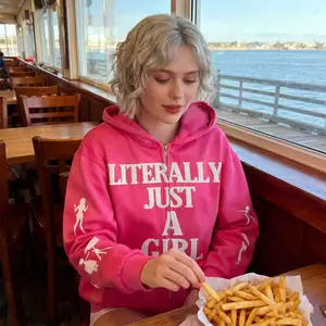 Men'S & Women'S Gothic Street Style Hoodie WIth "Literally Just A GIRL" Print Patchwork Design, Loose Fit Long Sleeve Zip-Up Jacket, Casual Pullover Sweatshirt for Casual Attire, Oversized Hoodie Tops, Womenswear