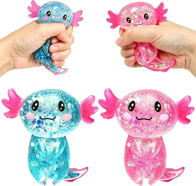 Glitter Axolotl Squishy Toys, Slow-Rising Unisex Stress Reliever Balls, Soft Cute Sensory Fidget Toys, Portable Handheld Gifts for Kids Adults' Birthday Parties