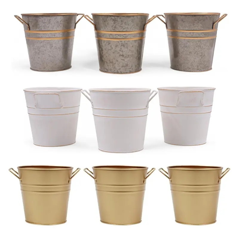 Set of 3 Zinc Metal Buckets with PVC Liner – 5-Inch Rustic Decorative Planters for Fresh & Faux Floral Arrangements