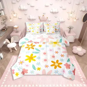 Cute Flowers Bedding Set,Watercolor Floral Bed Bag,Coquette Girls Comforter Bed Set with Sheets,Pink Wildflowers 7 Pieces Bed Set,Bedroom Decor Bed Set