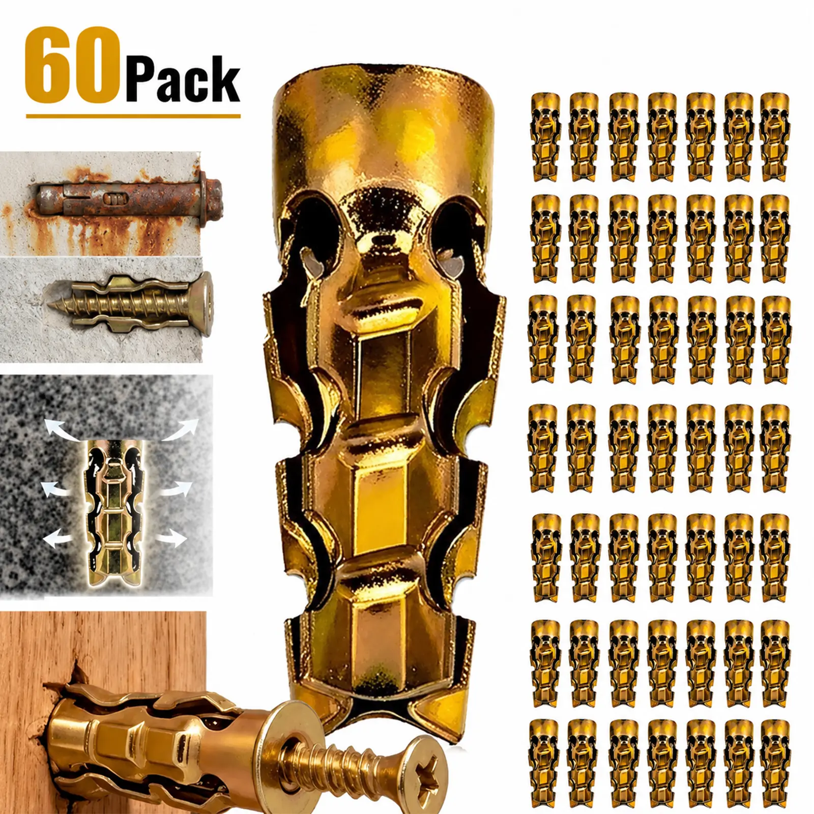 60-Pack Door Hinge Thread Repair Screws with 6×14mm Upgraded Short Corrosion-Resistant Expansion Lock Wall Anchors, Strong & Durable Expansion Locking Stripped Thread Fixer for Cabinet Hinges, Bathroom Fixtures