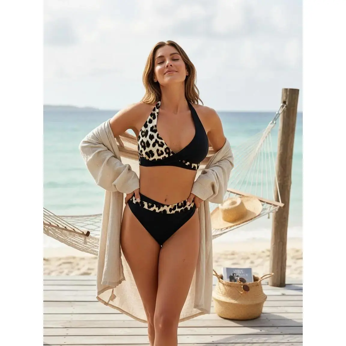New Women's 2-Piece Tankini Swimsuit Set, Colorblock Leopard Print Top & Black Bottoms, Chic Swimwear Set, Comfy Beachwear Swimsuits for Beach Holidays