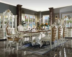 Acme Astoria Grand Penaflor Picardy 63460-62-63 Butterscotch Faux Leather Antique Pearl Finish Wood 7 Piece Dining Table Set with Arm & Side Chairs Design