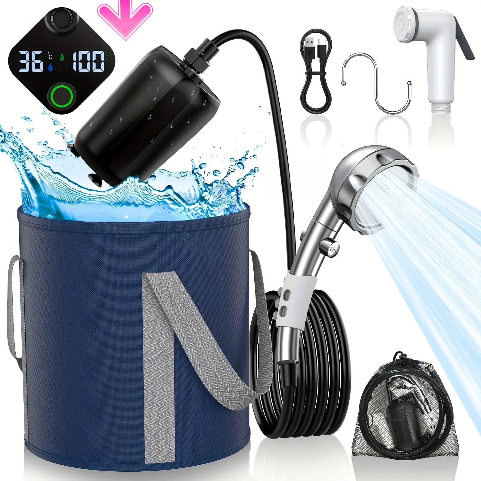 Portable Camping Shower 9000mAh Rechargeable Electric Shower Pump with Smart Digital Display & Bucket, Compact Lightweight Outdoor Shower for Camping Hiking Beach Pet Washing Car Wash Travel Essentials