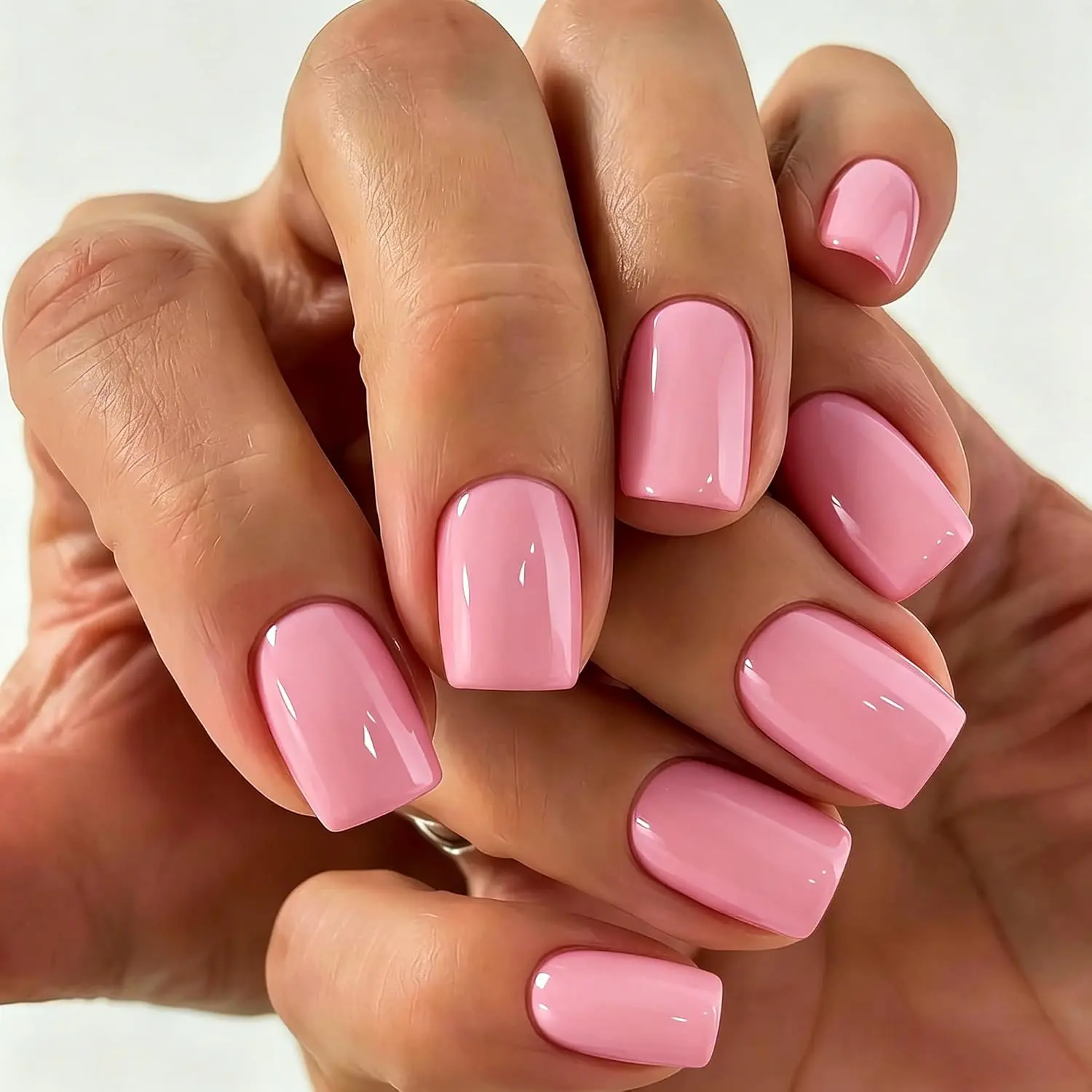 Baby Pink Press On Nails 24 pcs Short Square, Glossy Solid Pink Fake Nails with Nail Glue, Adhesive Tabs & Nail File, Clean Girl Everyday Manicure Kit for Office, Vacation & Daily Wear
