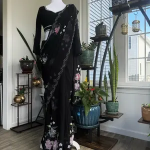Black Brush Print Sari - Casual Dress with Floral Design and Plain Front for Versatile Wear, ready to ware sari with blouse set