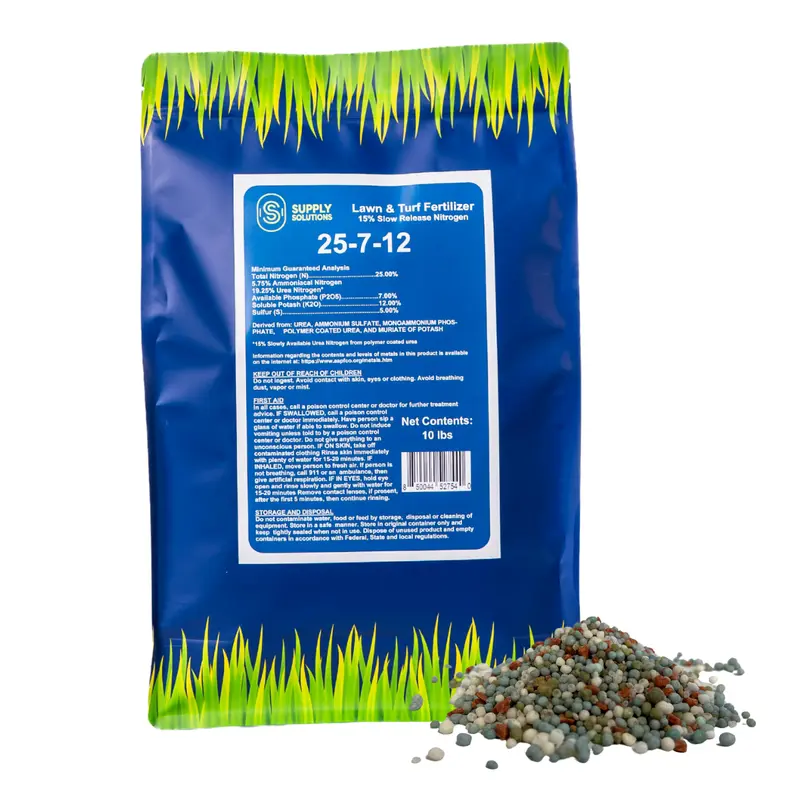 Supply Solutions 25-7-12 Lawn & Turf Fertilizer 15% Slow Release Nitrogen for All Grass Types 10lbs Covers 1250 sq ft Easy Application