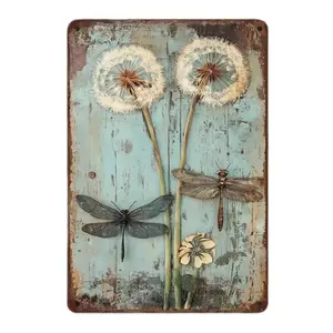 1PC,2D Flat,Aluminum Wall Art -Dragonfly & Dandelion Metal Wall Decor | Vintage Metal Wall Art Painting for Kitchen & Studio | Nature Inspired Wall Sign