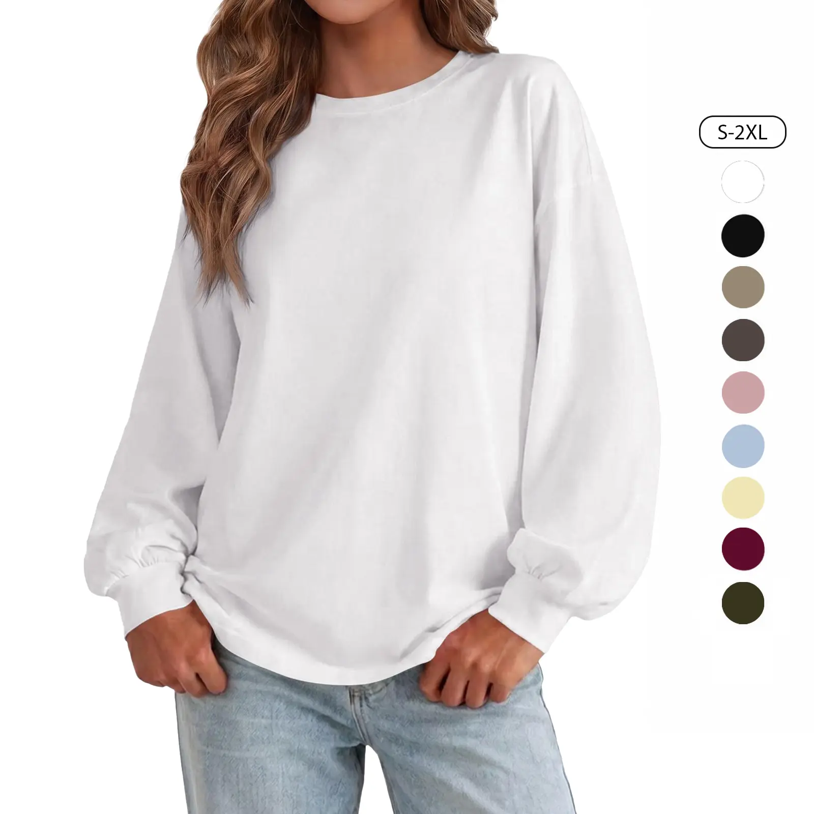Tankaneo Women Oversized Crew Neck Long Sleeve Top Loose Puff Elastic Cuffs Solid Casual Basic Pullover Shirts