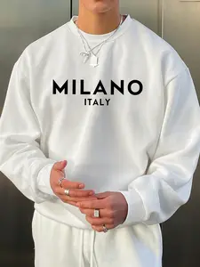 Men's Fleece Lined Crew Neck Pullover Sweatshirt, Comfortable Casual Wear, Fashion Simple Milano Print Design, Easy Layering