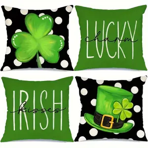 4pcs, St. Patrick'S Day Throw Pillow Covers, Green Hat and Lucky Shamrock Design, Home Décor Products, Cushion Cover Decoration for Couch Sofa, Room Decor and Bedroom Decor, Suitable for Spring Decoration, Single Sided Printing, No Pillow Core