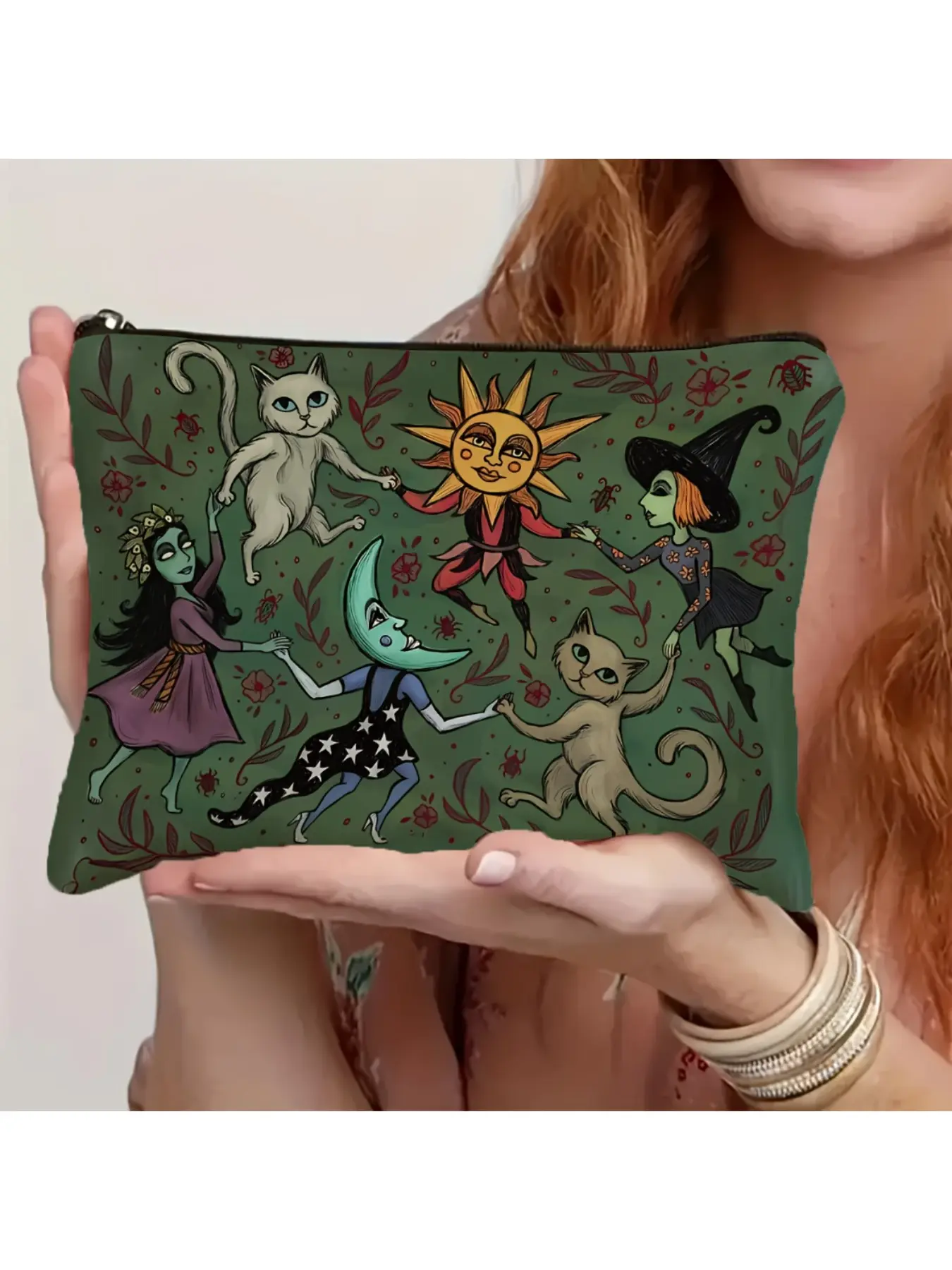 Enchanted Forest Polyester Travel Makeup Bag, Makeup Organizer Pouch, Cosmetic Bags, Dark Green Witch, Cat, and Moon Celestial Art Design, Multi-Functional Zipper Pouch for Cosmetics, Gift for Women, Durable Zipper Closure, Hand Wash or Dry