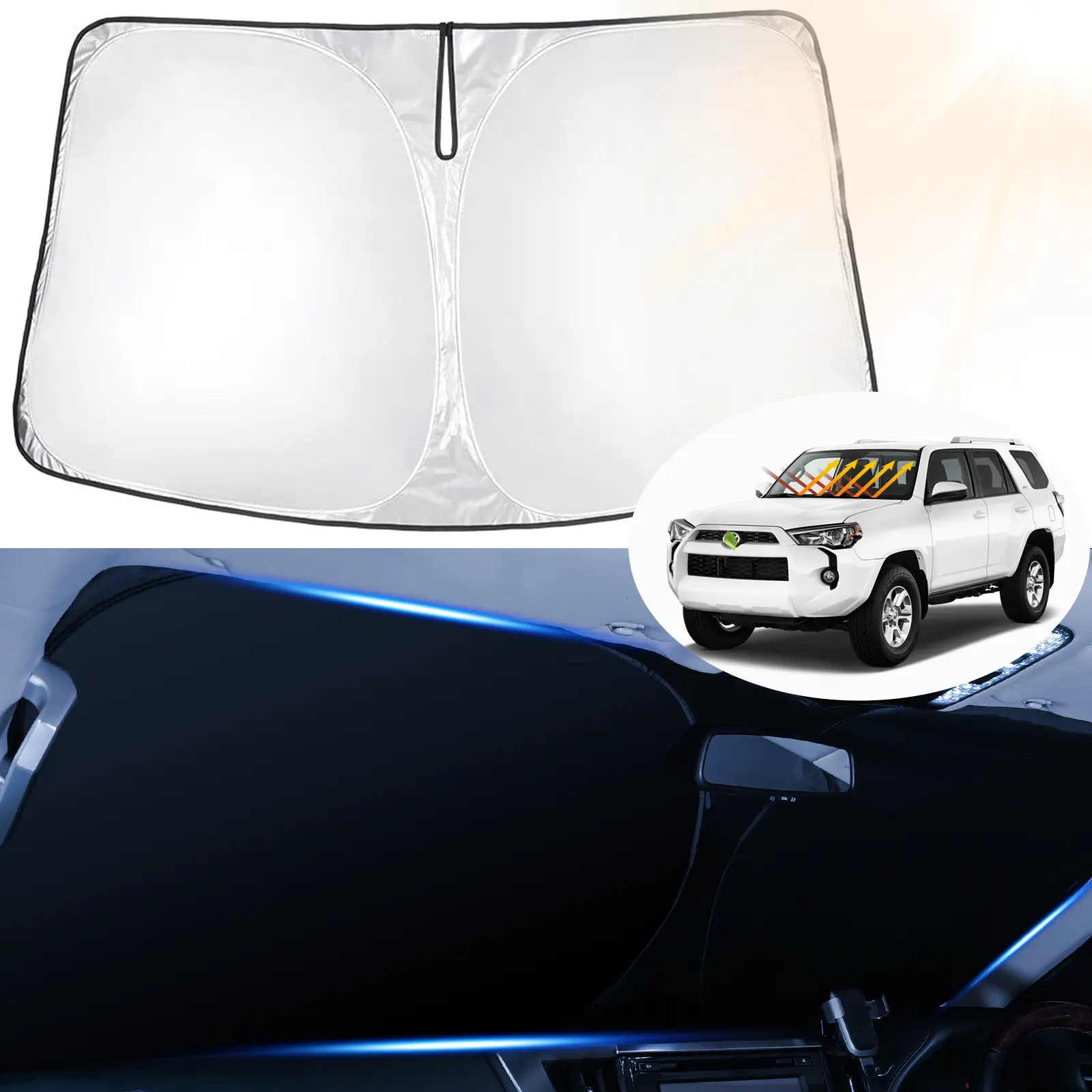 Canvcle Custom Fit Protective Windshield Sun Shade Cover for Toyota 4Runner 2010-2026, Foldable Sun Visor, 5-Layer Black & Silver Reflective Fabric, 99% UV Blocking Front Window Cooler for Interior Protection