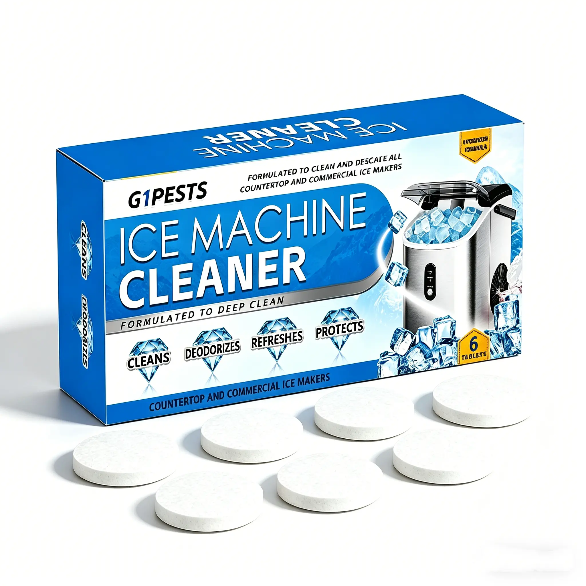 G1PESTS Food Grade Ice Cleaner Descaler Tablets - 6-Count Box, Non-Chlorinated Mold Cleaner De-Scalers for Countertop Ice Makers, Odor Removal, Clog Clearing, Cost-Saving Maintenance Boost (Household Cleaners), Non-Chlorinated De-Scalers