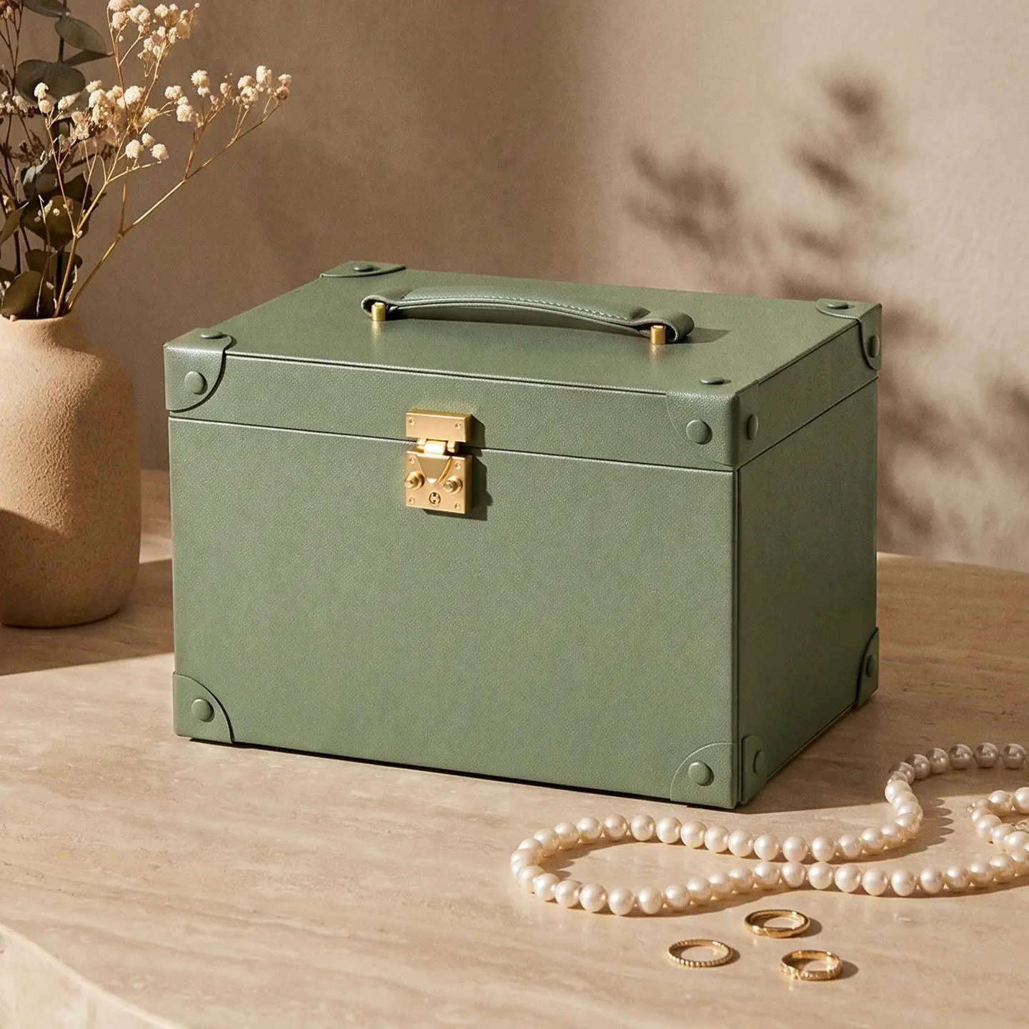 Casegrace Vintage Smooth Leather Jewelry Storage Chest with Portable Mini Travel Case - Multi-Compartment Modular Organizer Box, Soft Velvet Interior, Built-In Mirror, Transparent Accents, Pearl-Ready for Vanity Bedroom Decor & Gift, Earring