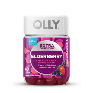 OLLY Extra Strength Elderberry Gummies, Immune Support, 450mg Elderberry, Vitamin C, D and Zinc, Berry - 60 Count Supplement Edible Dietary Fitness Healthcare