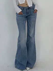 Vintage Flare Low Waist Jeans for Women, 2026 Spring New Arrival, Light Color Slim Fit, Long Pants with Frayed Edge, Button Fly Closure