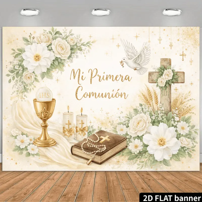 2D Flat Religious First Communion Party Backdrop Decor - Polyester Photo Print with Golden Glitter "Mi Primera Comunión" Text, Golden Cross, Flying White Doves, Chalice, Open Bible, Burning Candle, Wheat Ears, White Flowers, Green Accents, Light, Banners,