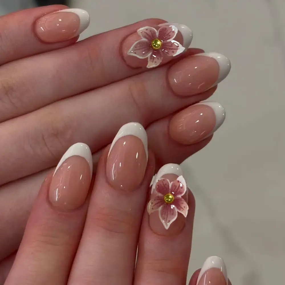 Elevate Your Style, 24pcs Short Oval French Press-On Nails, Glossy Almond Shape, Easy Wear Nail Art for Women & Girls, Flower Design Nails