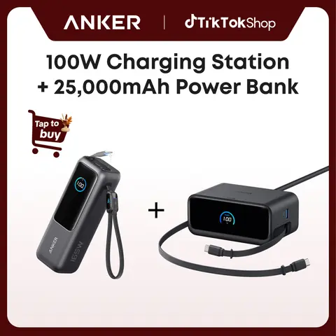 Anker Portable Laptop Power Bank with Built-In Cables, 25,000mAh High-Capacity Battery, Fast Charging for 4 Devices and Anker Nano Charging Station, 7-in-1 USB-C Power Strip, 2.3 ft Anker InstaCord Retractable Cable, 3 USB-C, 1 USB-A, 3 AC,