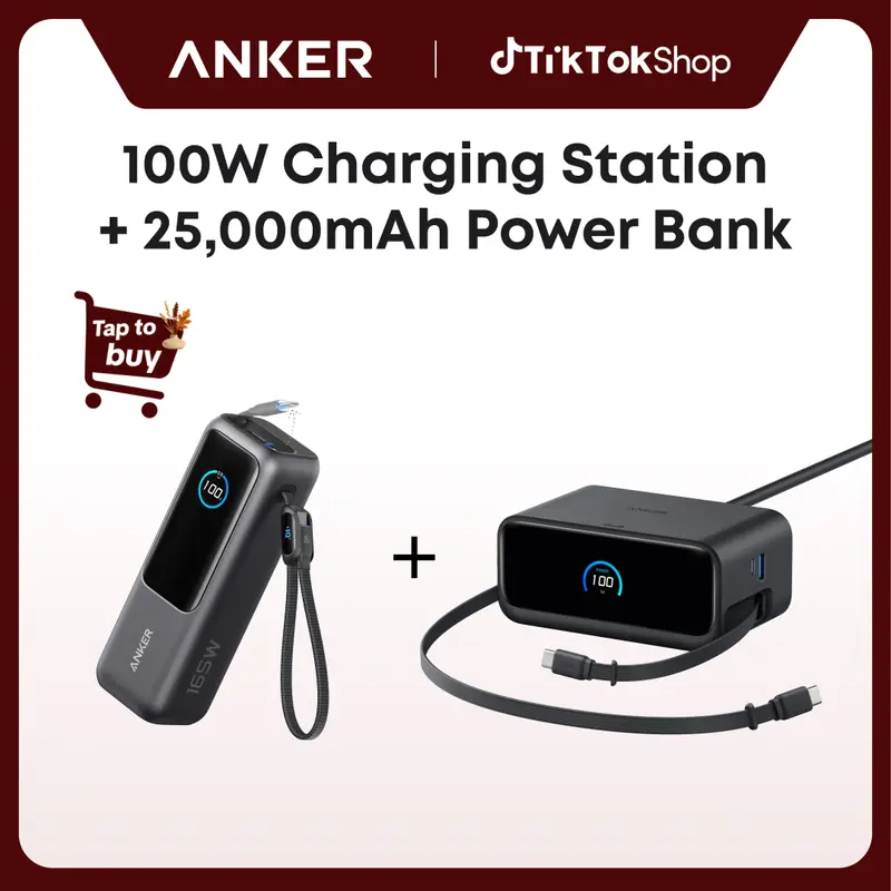 Anker Portable Laptop Power Bank with Built-In Cables, 25,000mAh High-Capacity Battery, Fast Charging for 4 Devices and Anker Nano Charging Station, 7-in-1 USB-C Power Strip, 2.3 ft Anker InstaCord Retractable Cable, 3 USB-C, 1 USB-A, 3 AC,