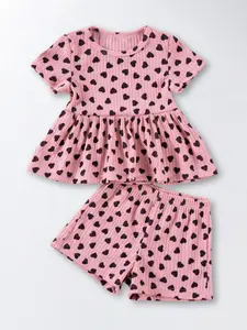 Girls' Heart Print Set Floral Design Short Sleeve Tops Shorts Casual Two-Piece Outfit, Cute Gift Idea, Fitted Natural Waist All over Print Gift Sets