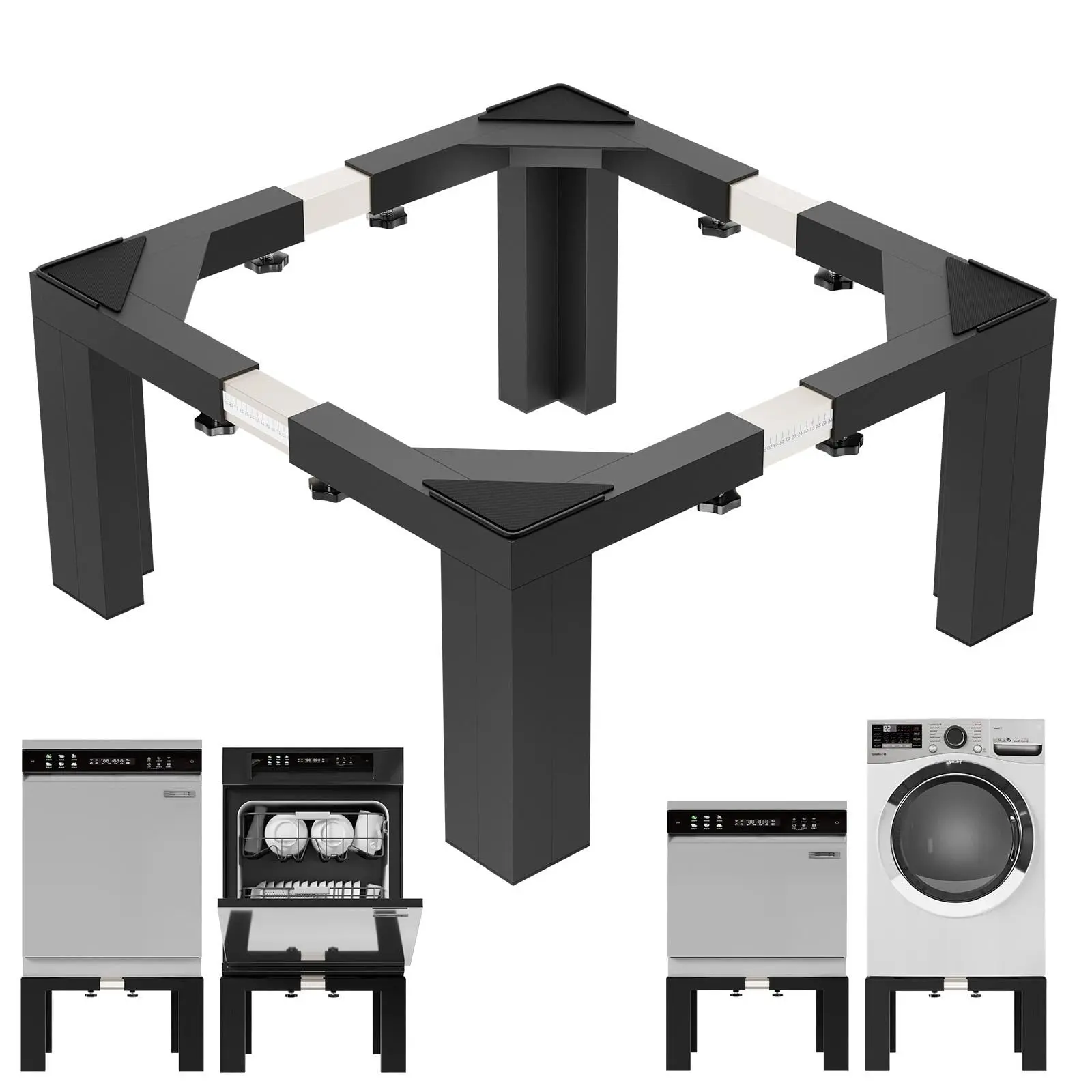 Heavy-Duty Stainless Steel Washer & Dryer Stand, 12/16 in Height, 17.7-31 in Adjustable Width, Universal Laundry Room Pedestal, Black, 12 inch Stand for Washer