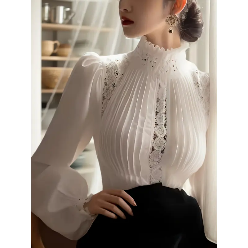 Women's Elegant White Sports Shirt - Lace Trim Ruffled Turtleneck & Bubble Sleeves, Breathable Machine-Washable Top for Casual or Active Wear,Casual Elegant Wear | Lace Detail Shirt | Elegant Design, Lace Blouse Fabric Womenswear
