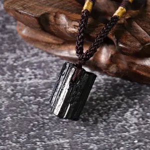Natural Raw Black Tourmaline Gemstone Pendant Quartz Healing Positive Energy Crystal Amulet Men Women Necklace