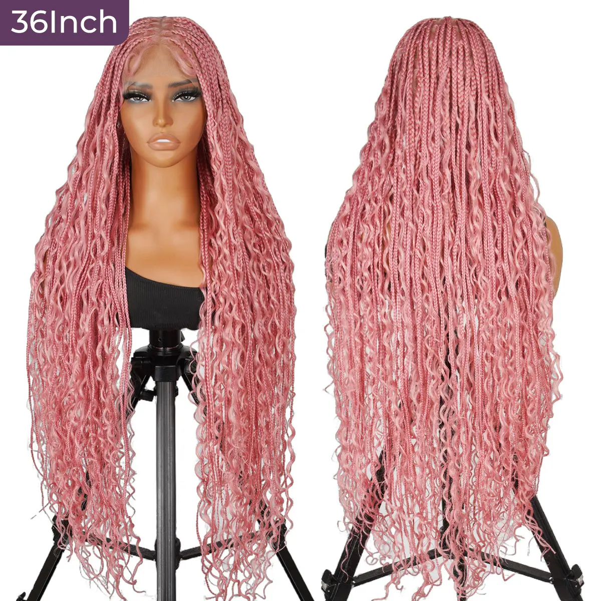 36‘’ Bohemian Knotless Braid Wig -YMSGIRL Luxury Full Lace Pink Queen Braids Lightweight Breathtaking Style For Festivals Daily Glam Long Lasting Easy To Maintain
