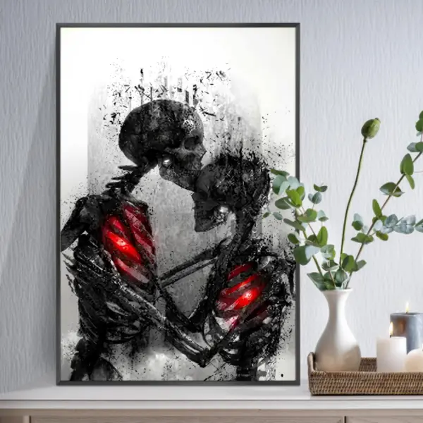 Romantic Skeleton Couple Canvas Wall Art - Gothic Love Wood Posters & Prints, Waterproof 12x18in Dark Aesthetic Skull Decor, Wipe-Clean Home Decor for Living Room, Kid Room