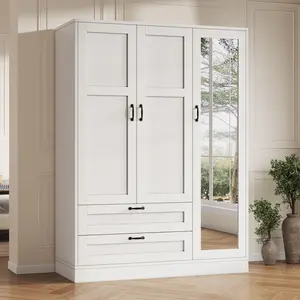 FUSOU 5-in-1 Clothes Storage Organization Drawers Wardrobe - Freestanding White Wood Armoire with Full-Length Mirror, 2 Drawers, Adjustable Shelves, Bedroom Cabinet [Shipped in 2 Packages]
