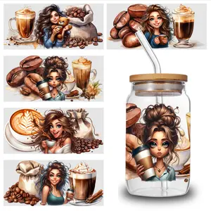 5 Sheets Coffee Girl UV DTF Stickers Themed UV DTF Transfer Paper - Waterproof & Scratch Resistant, 3D Crystal Clear Decals for Glass Cups, Mugs, Laptops, Refrigerators