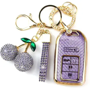 Key Fob Cover with Cherry Keychain, Bling TPU Smart Key Case for Women, Compatible with Honda Accord Civic Pilot,Passport,Insight JED Crider Spirior Odyssey (5-Button, Gold Purple)