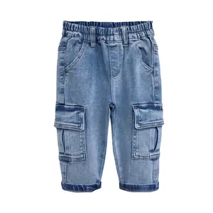 9M-14T Kids Stretch Cargo Denim Pants, Elastic Waist D-ring Classic Pockets Casual Wear