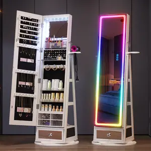 Lvifur Jewelry Storage Cabinet with LED Full-Length Mirror, 360° Swivel Standing Jewelry Organizers with Shelves & Drawer Storage, Jewelry Armoire with Remote Control Lights,